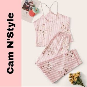 New Pink Floral Satin Silk-Like Cami Pajamas Set​